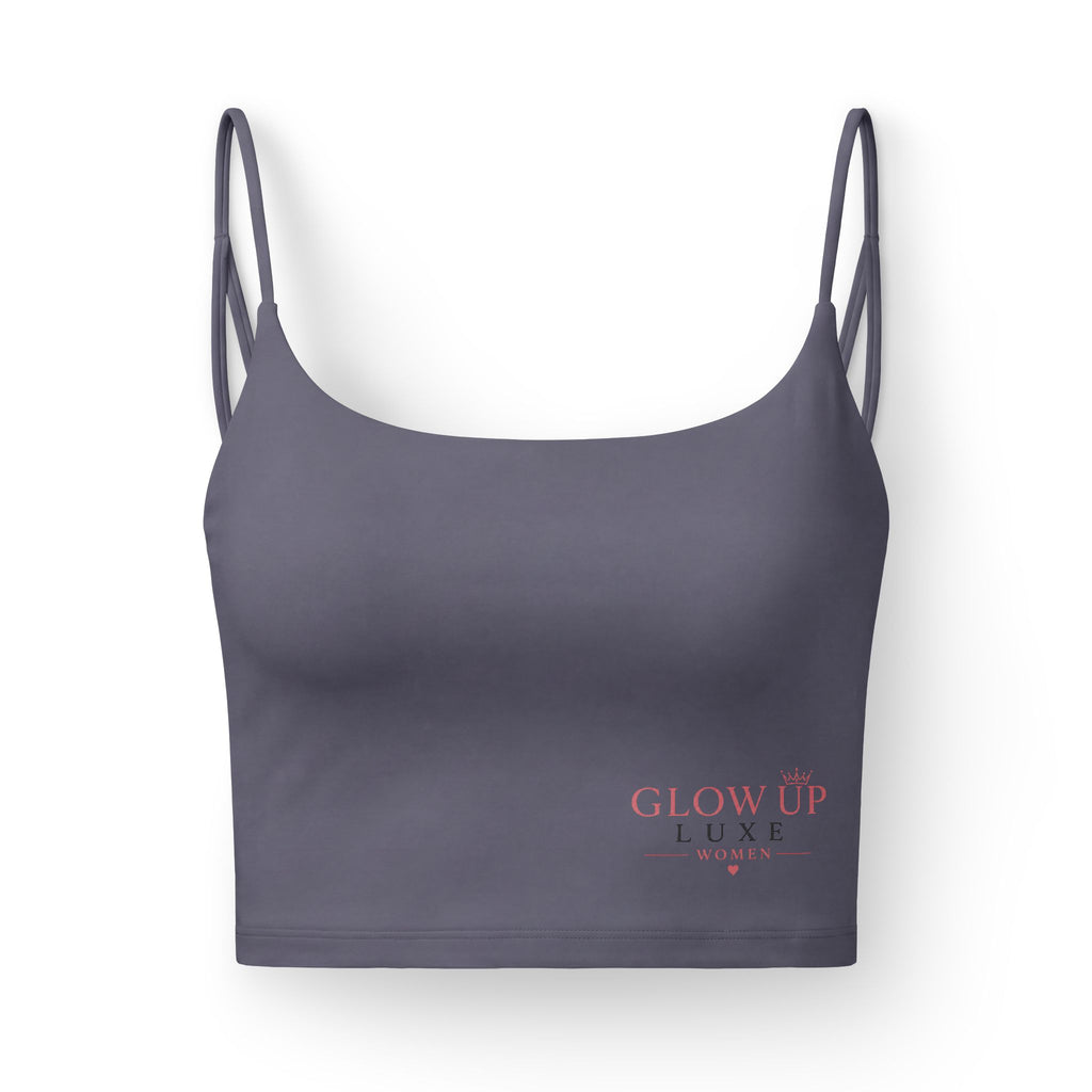 Luxe Glow-Up Women's Crop Bra — Strappy Sports Bra with 'Glow Up' Logo