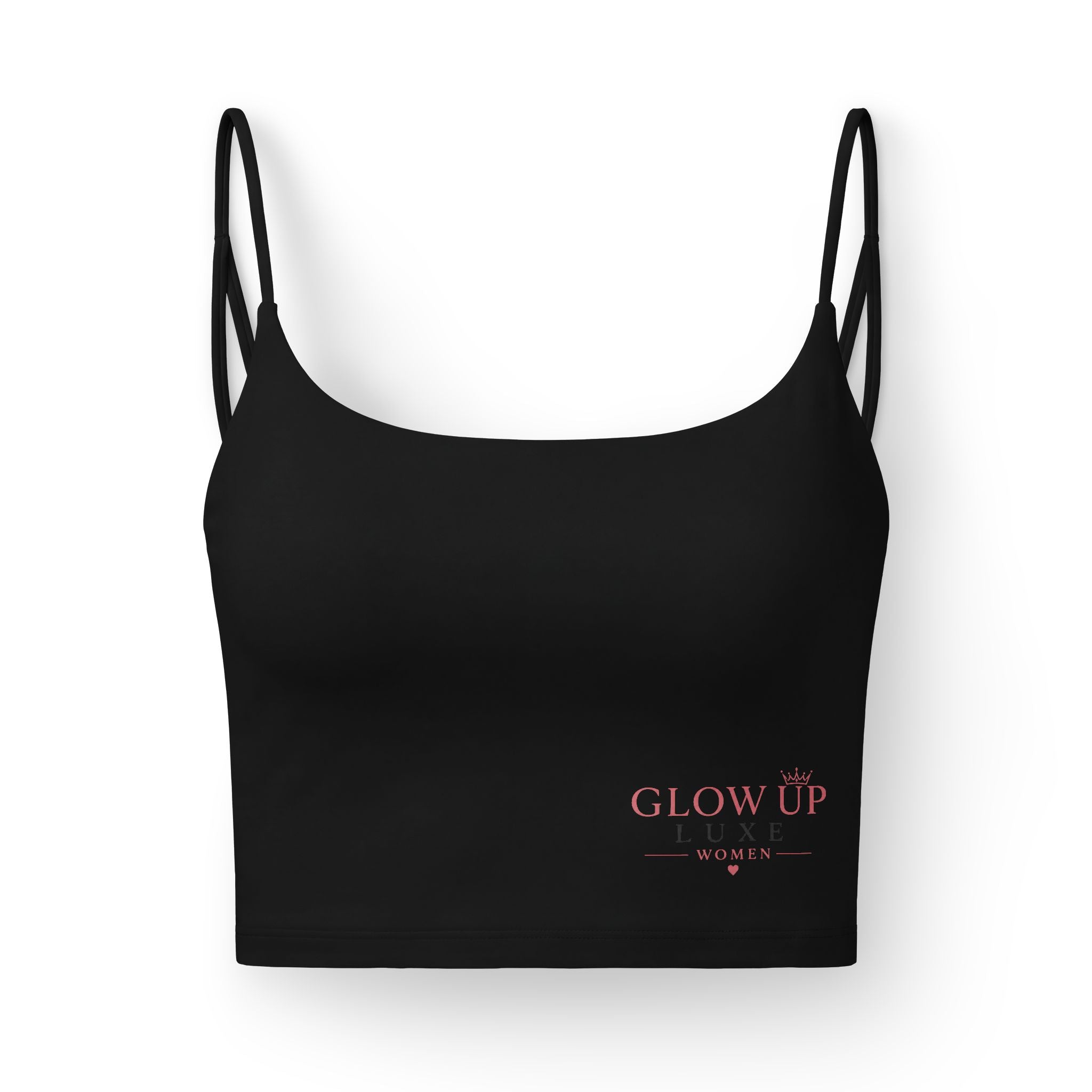 Luxe Glow-Up Women's Crop Bra — Strappy Sports Bra with 'Glow Up' Logo